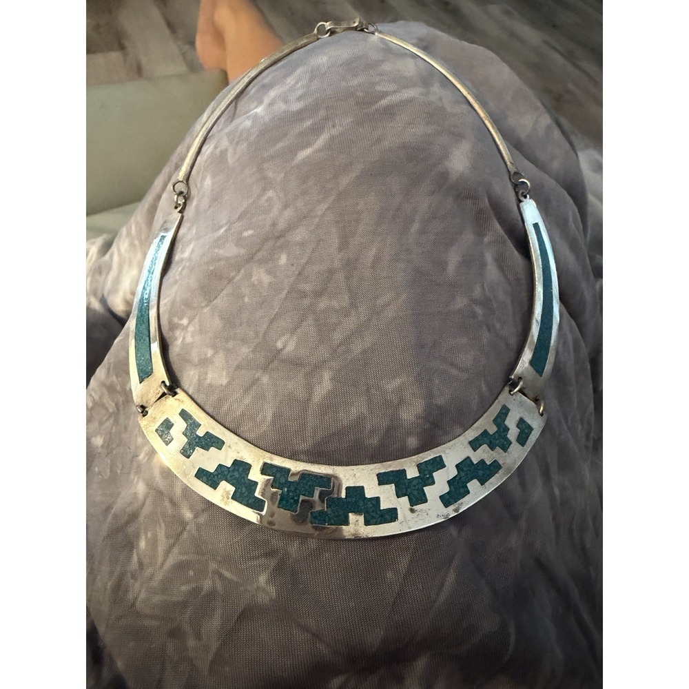 Alpaca Mexico Silver Crushed Turquoise Hallmarked Inlay Collar Necklace